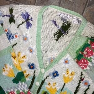 Vintage 90s Raphels Hand Knit Spring Frog Lily Pad Cardigan Sweater Large Chunky